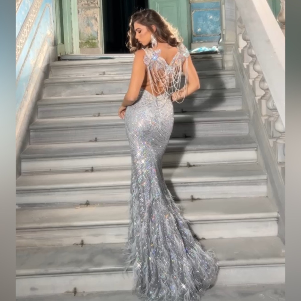 Portia and Scarlett PS22544 beaded sequin feather mermaid Silver Gown 4 6
